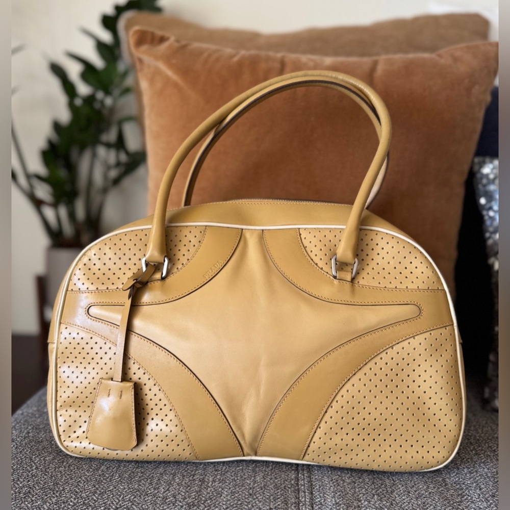 Prada Vintage Vitello Drive Bowler Perforated Leather Shoulder Bag - Caramel